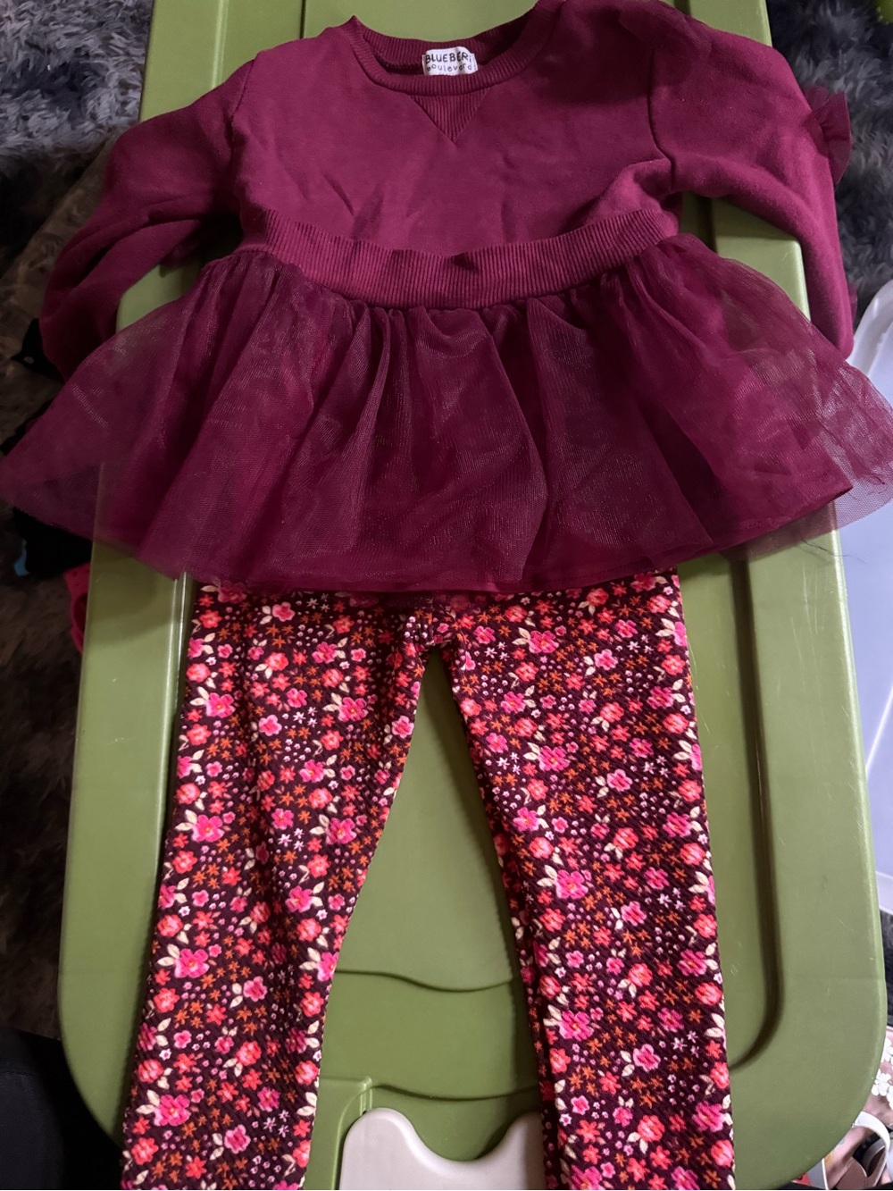 Blueberi Boulevard Burgundy Tulle Tunic with Floral Leggings